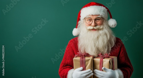Joyful Santa Claus holding wrapped gifts against a solid green background dur...