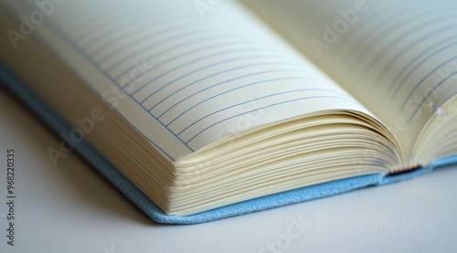 A close-up view of an open notebook resting on a wooden surface in soft natur...