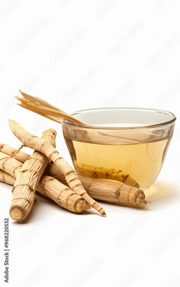 Freshly Brewed Ginseng Tea in a Transparent Glass Cup with Wooden Roots Freshly Brewed Ginseng Tea in a Transparent Glass Cup with Wooden Roots