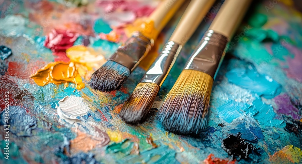 Fototapeta premium Colorful paint palette with assorted brushes arranged artistically on a vibrant background