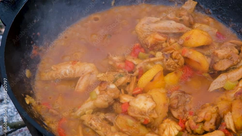 Stewing meat in a cauldron. The meat is stewed in a cauldron. Chicken meat is stewed in a cauldron. A dish on a fire in a cauldron. Stewing meat in a cauldron. The meat is stewed in a cauldron. Chicken meat is stewed in a cauldron. A dish on a fire in a cauldron.