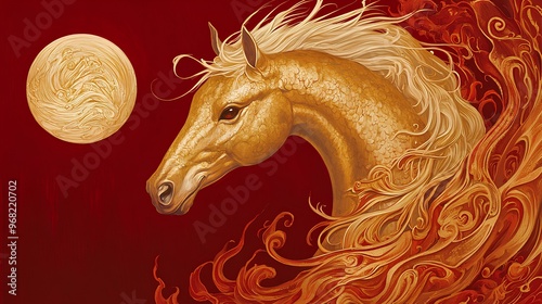 Simple stroke of golden horse illustration silhouette on red background, of Chinese new year, year of the horse