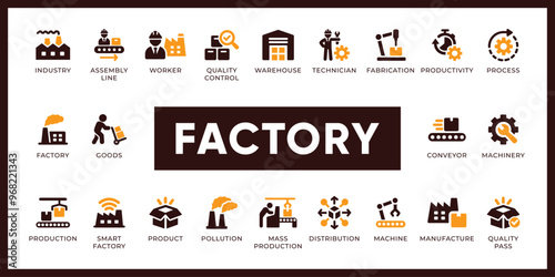 Factory Icon Set featuring essential elements like production, machinery, quality control, and logistics. Perfect for manufacturing presentations, industrial websites, and supply chain management.