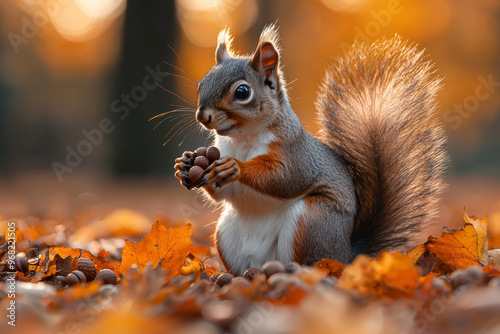 A squirrel gathering acorns and preparing for winter in a leafy forest. Concept of wildlife behavior and autumn preparation.