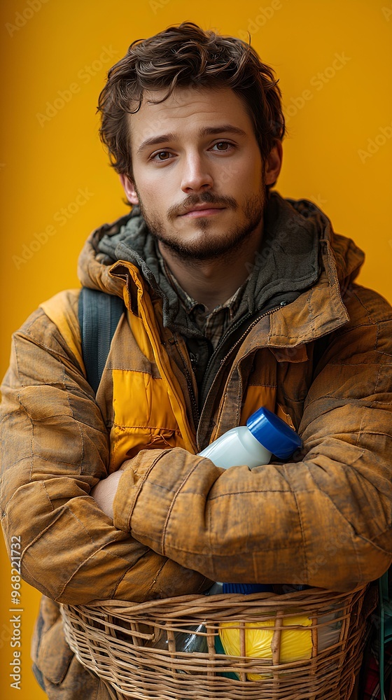 Fototapeta premium Young man with basket of cleaning supplies