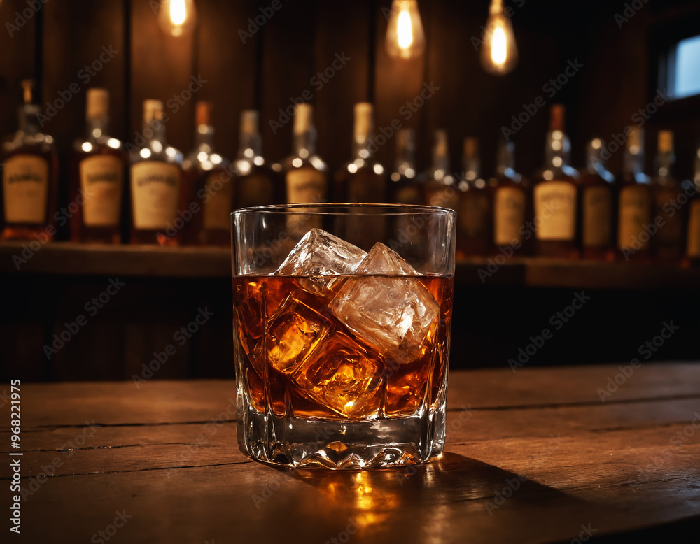 Glass of whiskey with ice on old wooden bar counter with bottles in background. Glass of whiskey with ice on old wooden bar counter with bottles in background.
