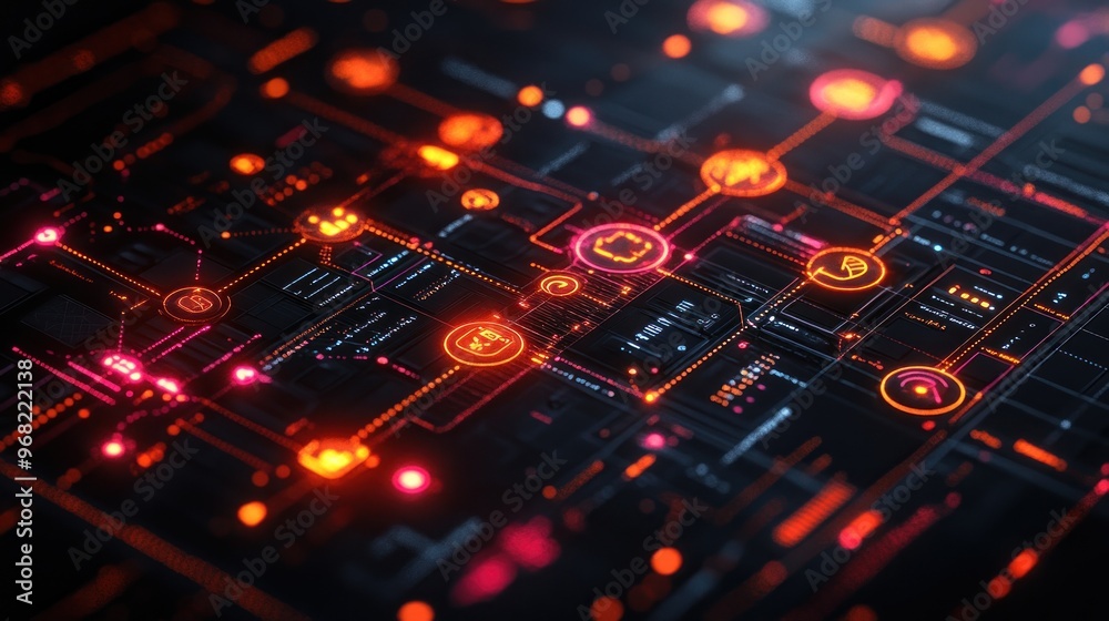 Abstract digital circuit design with glowing nodes and connections. Abstract digital circuit design with glowing nodes and connections.