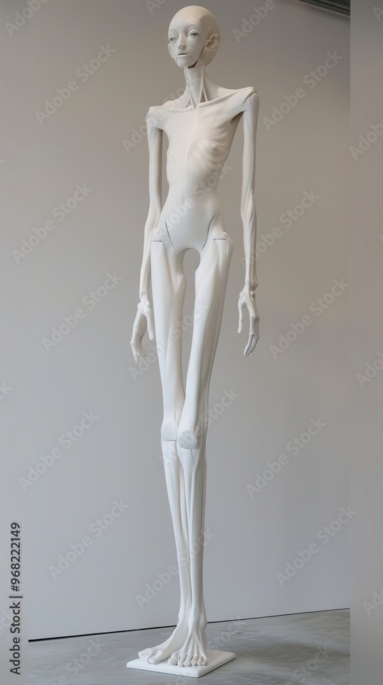 White Sculpture of an Elongated Human Figure in a Gallery Setting White Sculpture of an Elongated Human Figure in a Gallery Setting