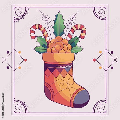 Stylized Christmas stocking with candy canes and greenery, decorative elements, festive mood, isolated on light background
