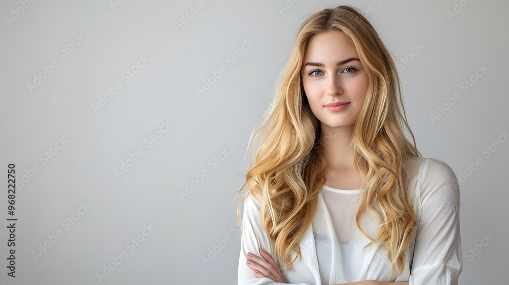 Female with blonde long hair posing in white top on white background Female with blonde long hair posing in white top on white background