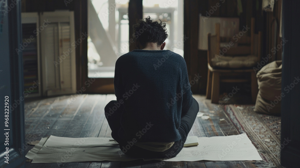 A solitary figure sits in a tranquil cabin, deep in thought on a handmade mat as morning light softly fills the space
