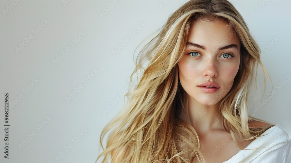 Female with blonde long hair posing in white top on white background Female with blonde long hair posing in white top on white background