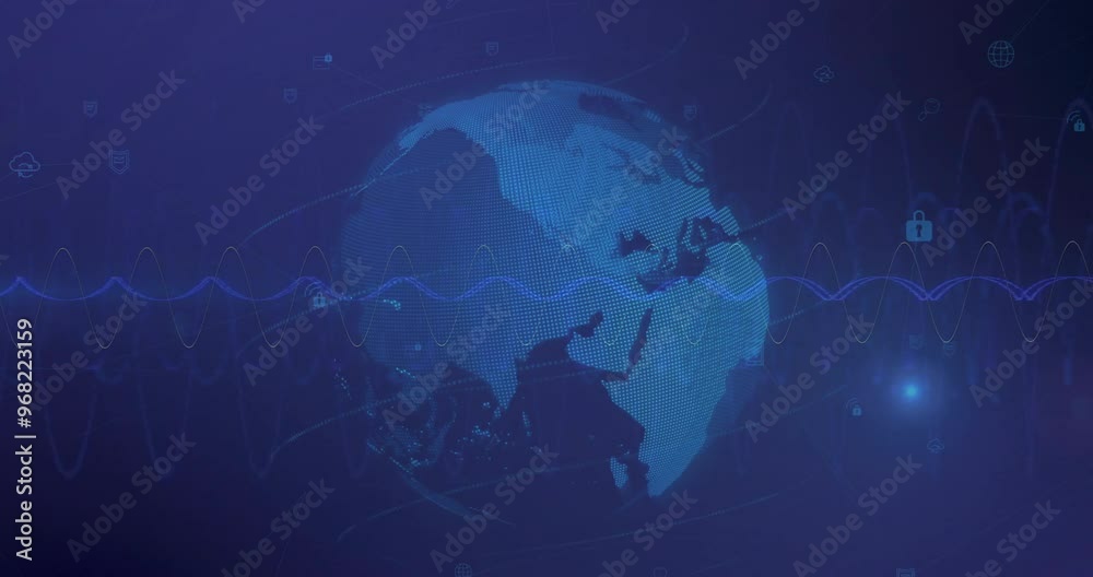 Animation of network of connections over globe with icons Animation of network of connections over globe with icons