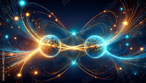 Artistic representation of two qubits, the basic unit of information in quantum computing, entangled and exchanging information