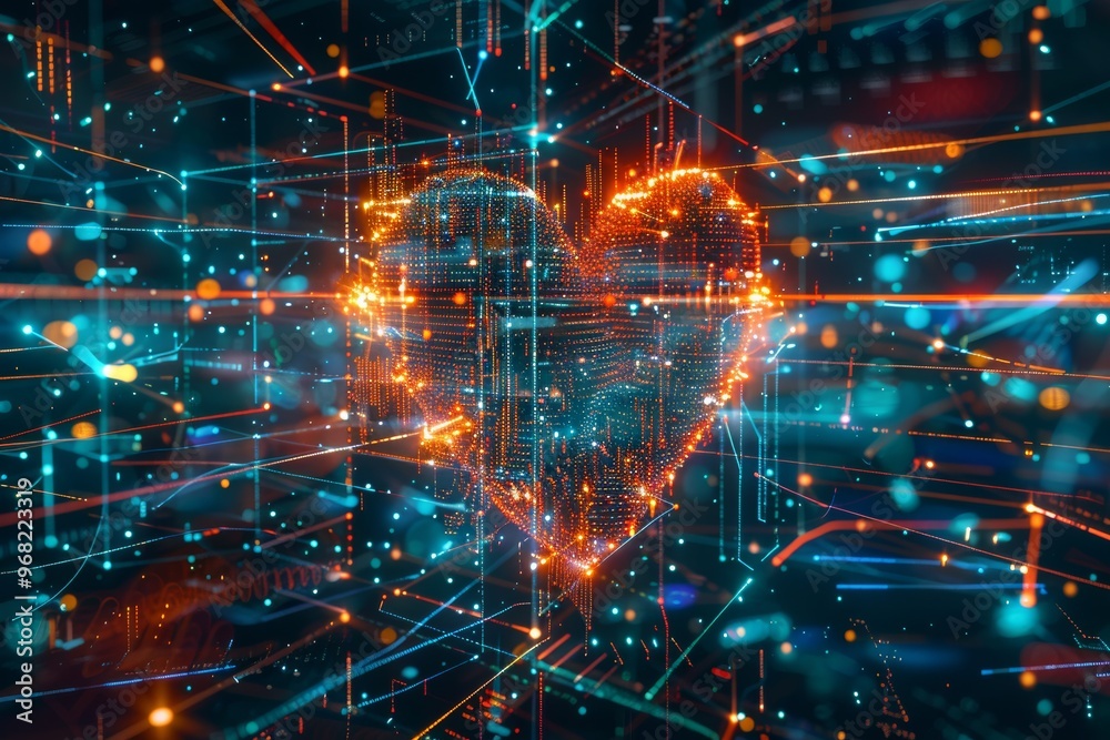 Obraz premium Futuristic abstract heart shape with digital technology elements, created using AI-generated