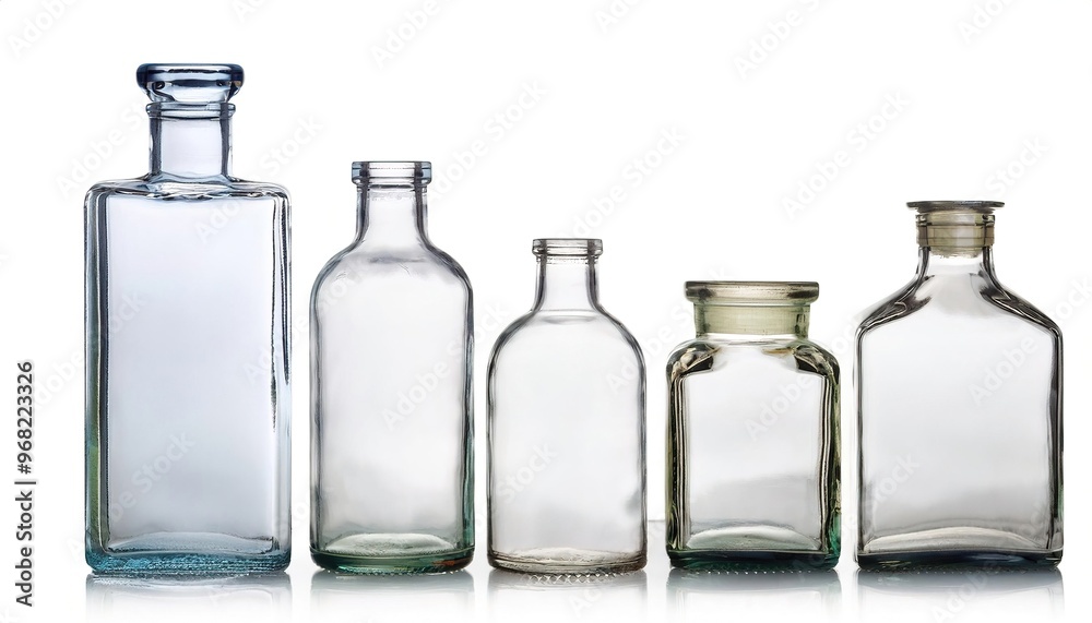 old empty glass apothecary bottles isolated against a white studio background with copy space. antique glassware used as decorative art piece. Transparent vintage containers to recycle or repurpose old empty glass apothecary bottles isolated against a white studio background with copy space. antique glassware used as decorative art piece. Transparent vintage containers to recycle or repurpose