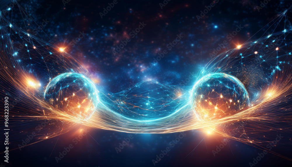 Quantum computing concept showing two qubits entangled in space time with a constant flow of energy between them Quantum computing concept showing two qubits entangled in space time with a constant flow of energy between them