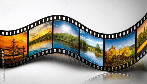 Film strip is waving and showing beautiful landscapes, from sunrise to sunset, with a white background