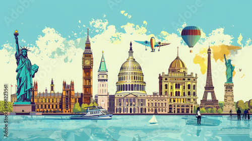 This artwork showcases famous global landmarks like the Statue of Liberty and the Eiffel Tower, celebrating cultural diversity and tourism #968223561