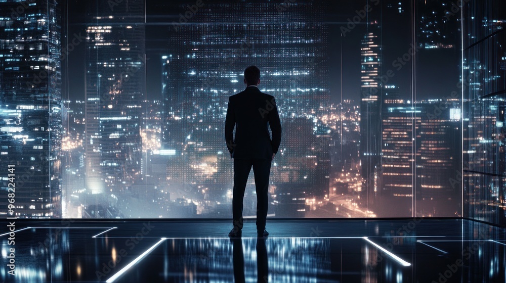 Businessman Looking at Cityscape at Night Businessman Looking at Cityscape at Night