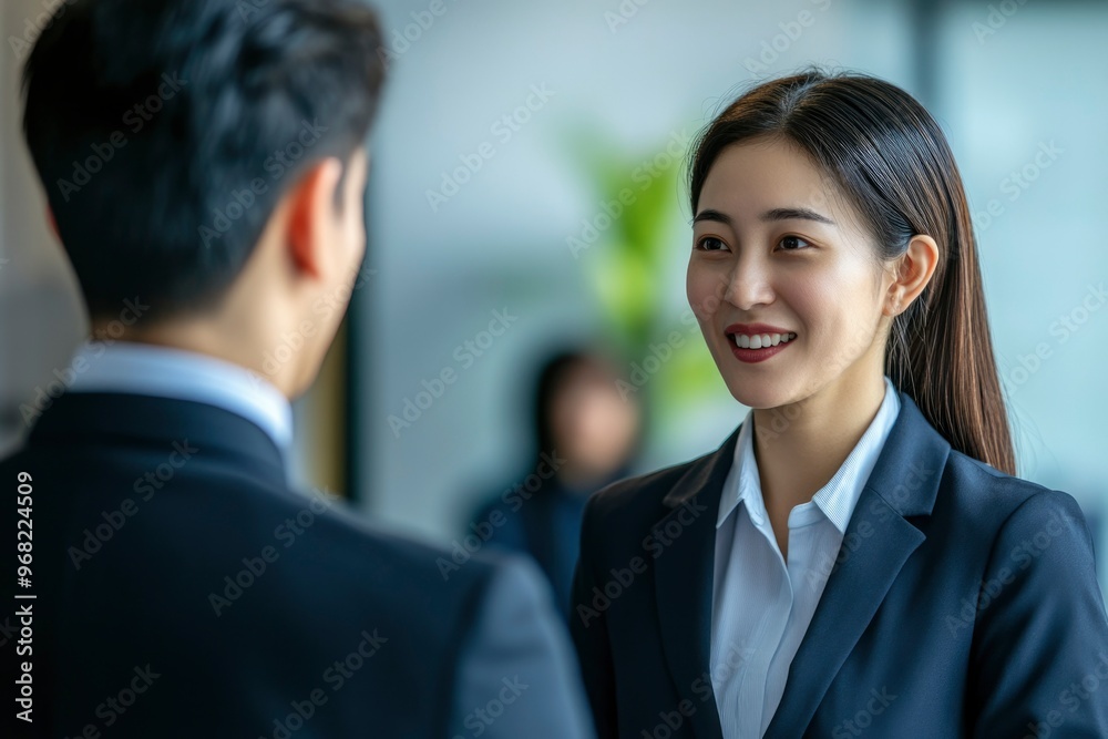 Businesswoman smiling and looking at a man in a suit. Businesswoman smiling and looking at a man in a suit.