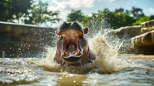 Hippopotamus Emerging from Water with Open Mouth and Splashing Water. photo