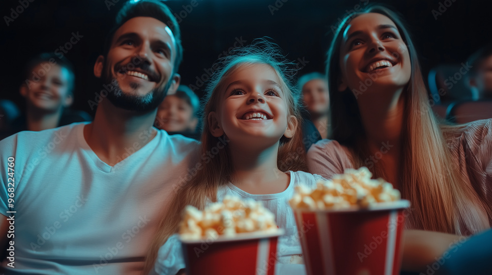 Family fun: laughing and snacking on popcorn during a movie night out at the cinema