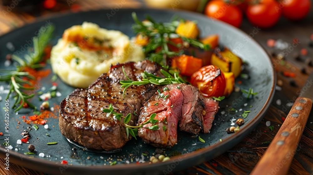 A deliciously arranged plate featuring a perfectly cooked piece of meat, smooth garlic mashed potatoes, and vibrant roasted vegetables. Natural lighting enhances the meal's visual appeal. A deliciously arranged plate featuring a perfectly cooked piece of meat, smooth garlic mashed potatoes, and vibrant roasted vegetables. Natural lighting enhances the meal's visual appeal.