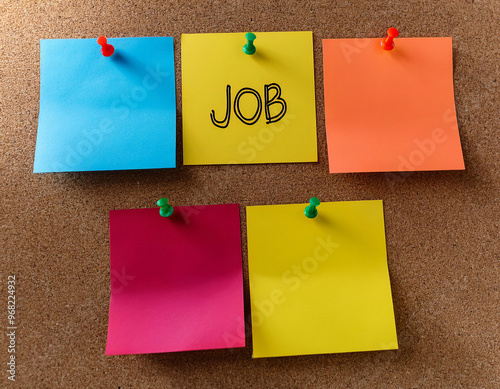 Five colorful sticky notes pinned to a cork board, one having the word job handwritten on it