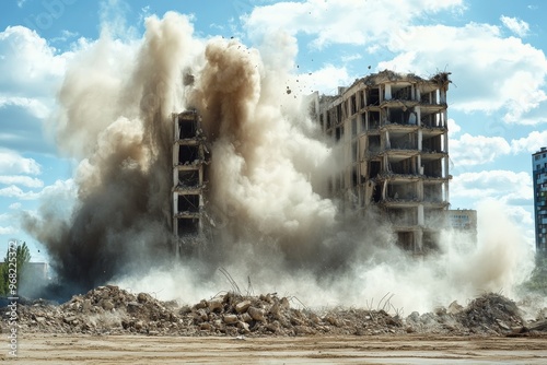 A powerful visual of a large building undergoing explosive demolition, resulting in massive dust clouds surrounding the structure as it crashes down, emphasizing destruction force. photo