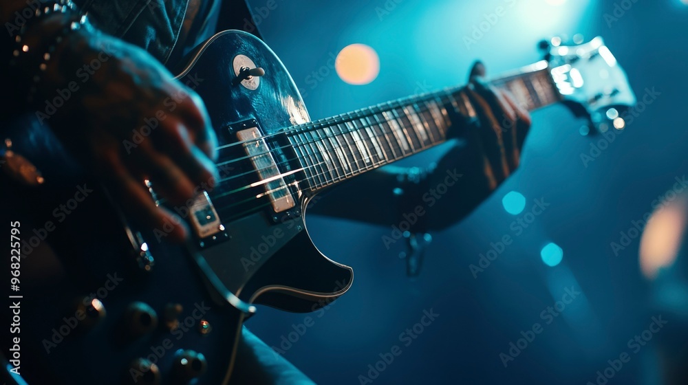 Obraz premium Close-up of a Musician's Hand Playing an Electric Guitar on Stage