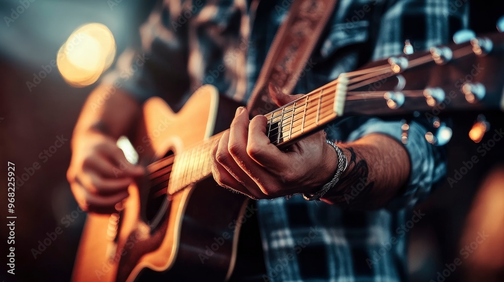 Fototapeta premium Closeup of a Musician's Hand Playing an Acoustic Guitar