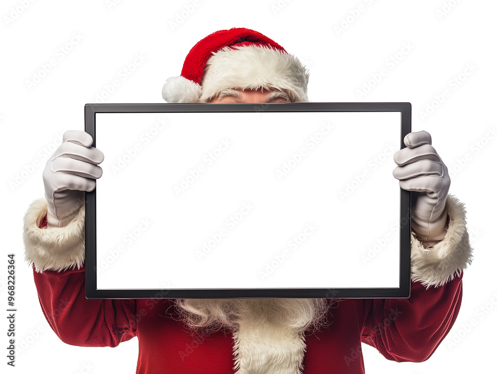 A cheerful Santa Claus stands against a white background, holding a blank screen. This captures the essence of the holiday spirit, inviting personal messages A cheerful Santa Claus stands against a white background, holding a blank screen. This captures the essence of the holiday spirit, inviting personal messages