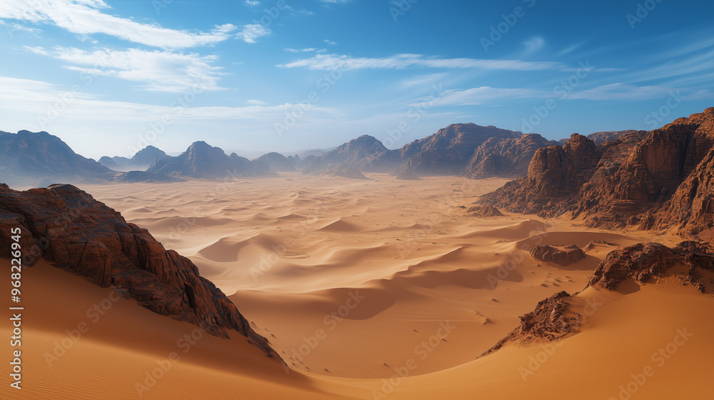 Naklejka premium Vast Desert Plateau with Jagged Rocks and Endless Golden Dunes Under Clear Blue Sky