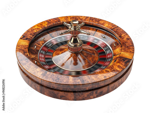 The roulette wheel spins gracefully, revealing its vibrant colors and classic design, inviting players to experience the thrill of chance in an upscale gaming environment photo