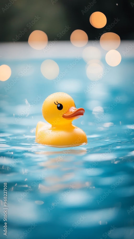 Yellow rubber duck floating on water with bokeh lights, playful and whimsical concept Yellow rubber duck floating on water with bokeh lights, playful and whimsical concept