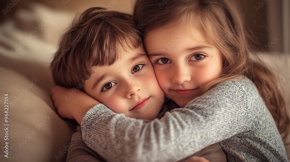 Two children sharing a warm embrace while sitting together in a cozy indoor setting during the afternoon Two children sharing a warm embrace while sitting together in a cozy indoor setting during the afternoon