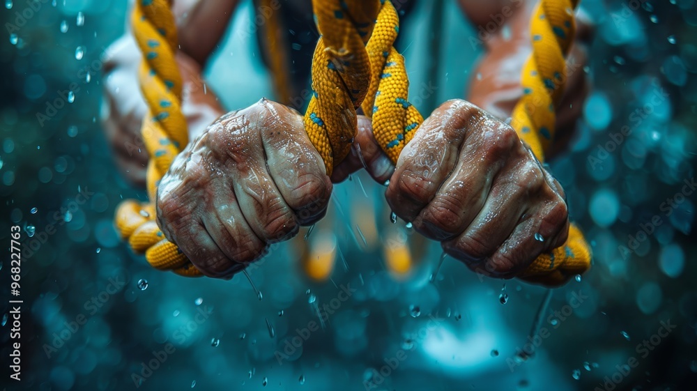 A close-up view of hands gripping sport straps tightly, with the background slightly blurred to emphasize the focus and intensity of the workout A close-up view of hands gripping sport straps tightly, with the background slightly blurred to emphasize the focus and intensity of the workout
