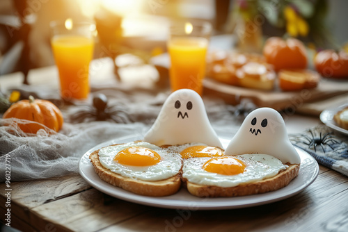 Fun creative served for two Halloween breakfast with ghost-shaped decor on fried eggs toasts and surrounded by pumpkins and drinks, set on a wooden dining table with warm morning light. Home fall mood