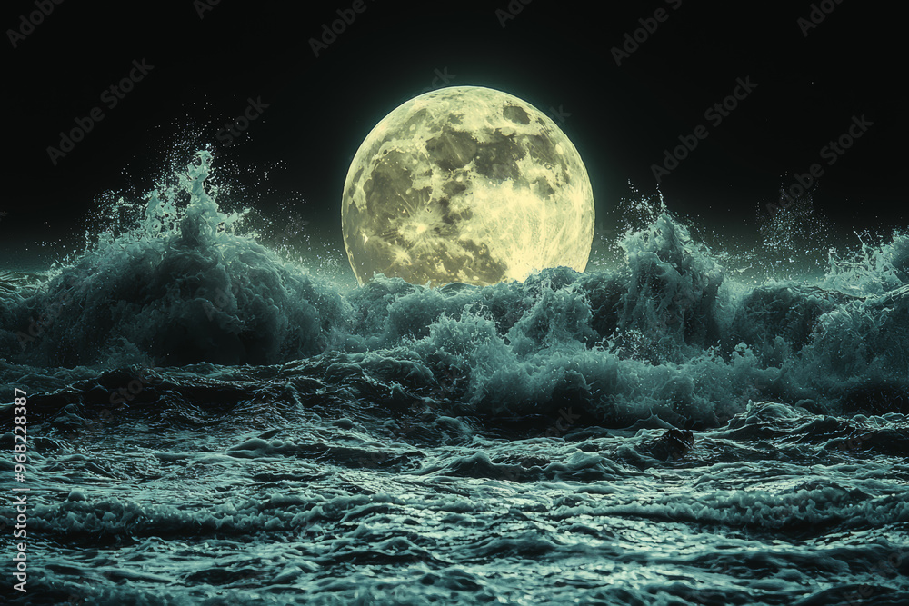 A pattern of tides coming in and going out, highlighting the cyclical nature of oceanic waves driven by the moon. Concept of tides and celestial influence. A pattern of tides coming in and going out, highlighting the cyclical nature of oceanic waves driven by the moon. Concept of tides and celestial influence.