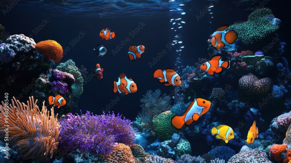 Fototapeta premium Clownfish Swimming Amongst Coral Reef