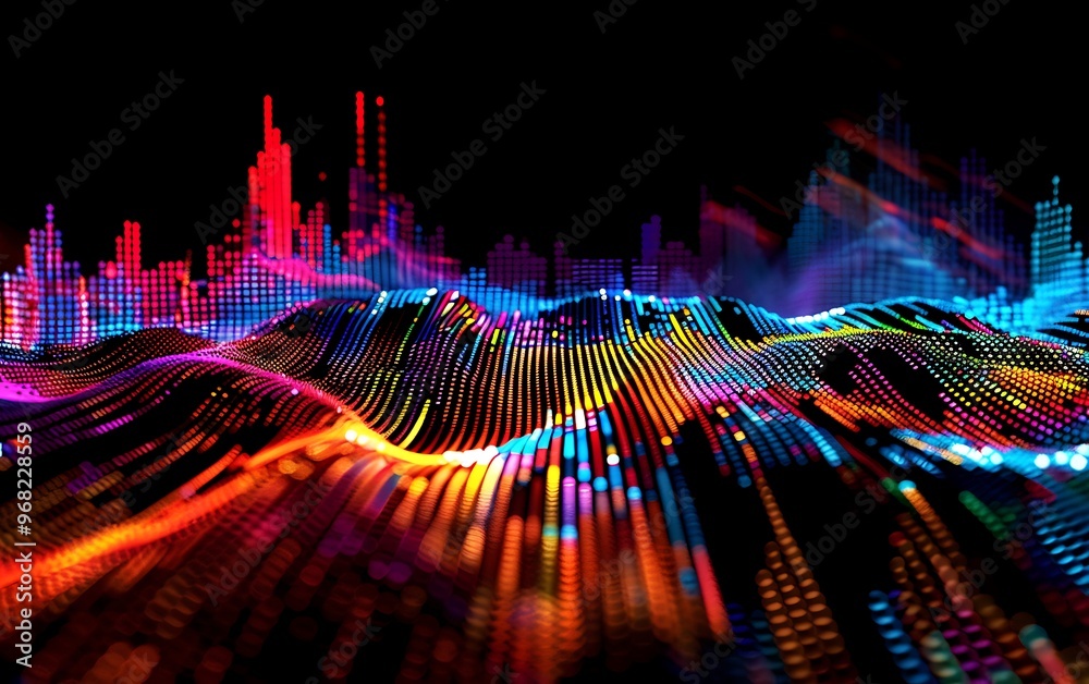 Abstract digital representation of stock market activity with animated charts, fluctuating data points, and a vibrant color scheme illustrating market trends.
