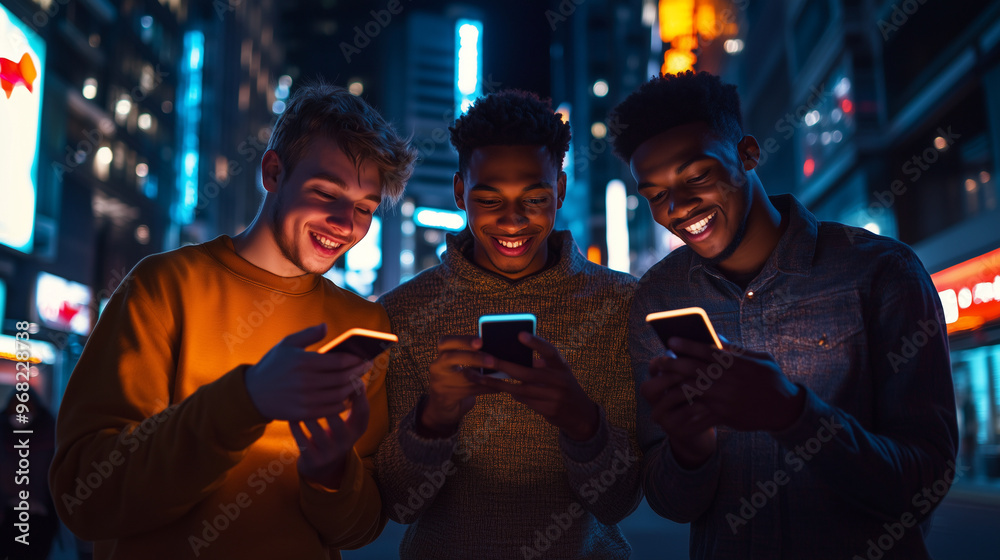 Three young men are happily gathered in times square at night, gazing at their phones Three young men are happily gathered in times square at night, gazing at their phones
