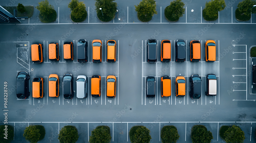 A drone view of electric sprinters charging at a large parking lot during midday. A drone view of electric sprinters charging at a large parking lot during midday.