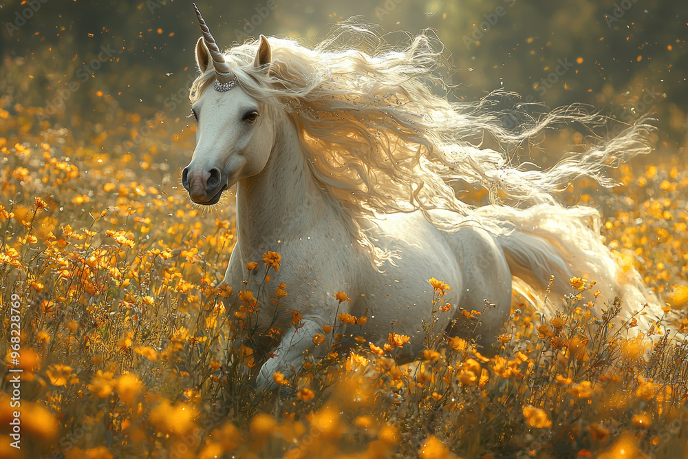 A magical being with a silver mane and a sparkling horn, trotting through a field of enchanted flowers. Concept of unicorn elegance and enchantment. A magical being with a silver mane and a sparkling horn, trotting through a field of enchanted flowers. Concept of unicorn elegance and enchantment.