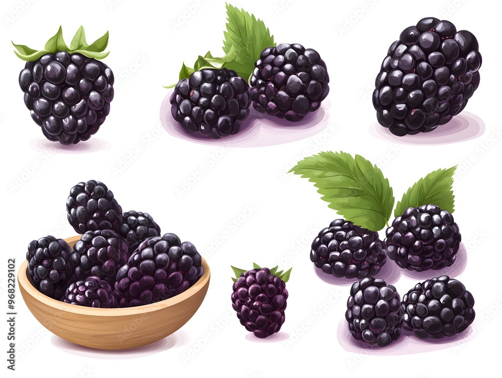 Fresh blackberries collage set with single fruit on white background Fresh blackberries collage set with single fruit on white background
