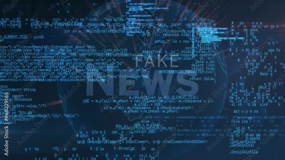 Animation of data processing over fake news text and globe Animation of data processing over fake news text and globe