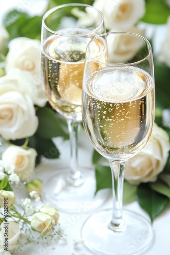 Roses and champagne glasses close-up