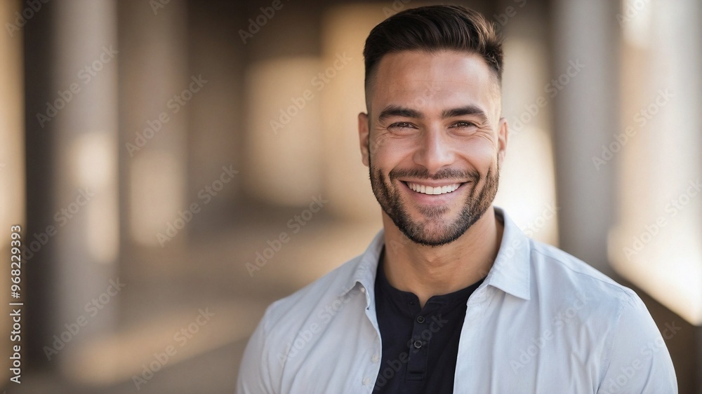 笑顔が輝く男性のポートレートが示す、暖かく自然体の魅力に満ちた表情。生成AI 笑顔が輝く男性のポートレートが示す、暖かく自然体の魅力に満ちた表情。生成AI