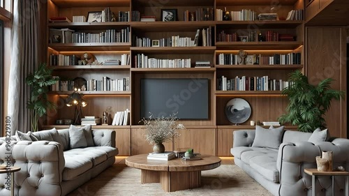 Wallpaper Mural Modern Living Room with Wooden Bookshelves and TV Torontodigital.ca